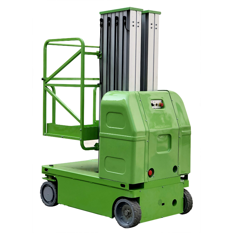 Green 9m  Double Mast Self Propelled Vertical Lift With Hydraulic Turning Wheel